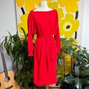 Vintage 1980s 100% Acrylic Knit Cherry Red Belted Boat Neck Sweater Midi Dress
